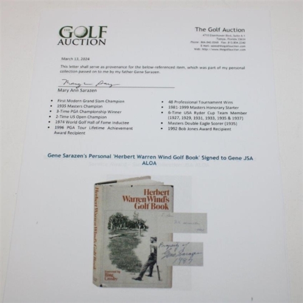 Gene Sarazen's Personal 'Herbert Warren Wind Golf Book' Signed to & by Gene JSA ALOA