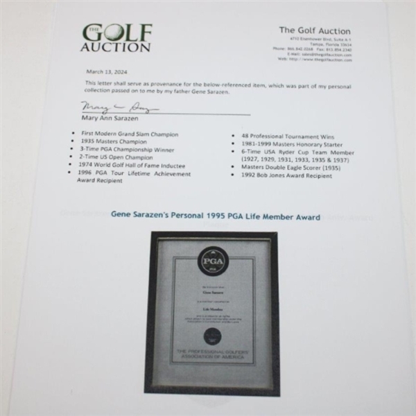 Gene Sarazen's Personal 1995 PGA Life Member Award