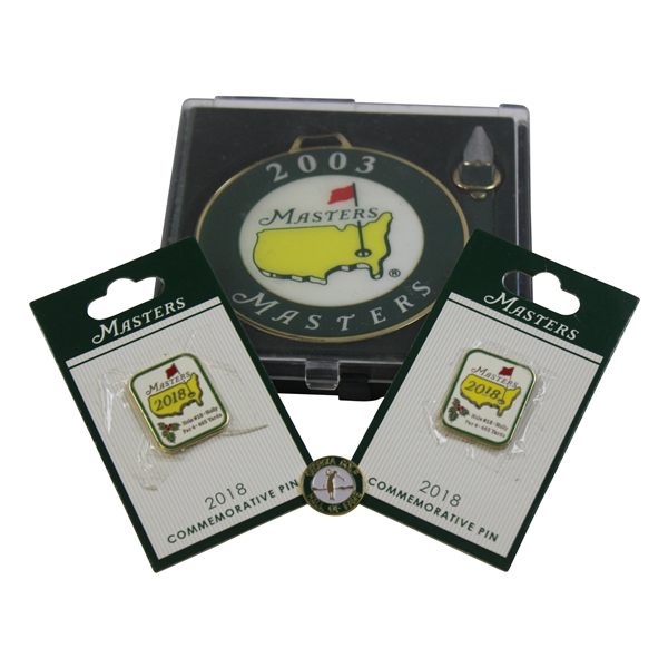 2003 Masters Bag Tag w/Two (2) 2018 Masters Pins & A Georgia Golf Hall Of Fame Pin