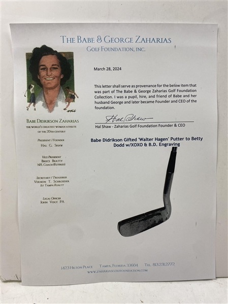Babe Didrikson Gifted 'Walter Hagen' Putter to Betty Dodd w/XOXO & B.D. Engraving