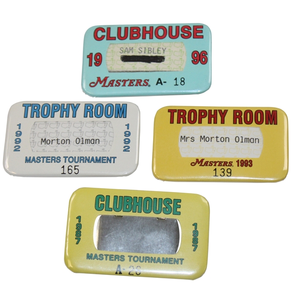 Four (4) Masters Tournament Clubhouse & Trophy Room Badges - 1987, 1992, 1993 & 1996