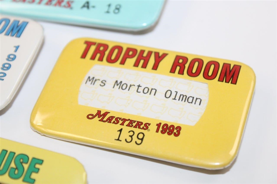 Four (4) Masters Tournament Clubhouse & Trophy Room Badges - 1987, 1992, 1993 & 1996
