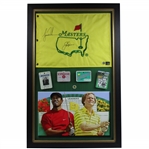 Tiger Woods & Jack Nicklaus Signed Undated Masters Embroidered Flag w/Badge & Photo Display - Framed Full JSA #YY68309