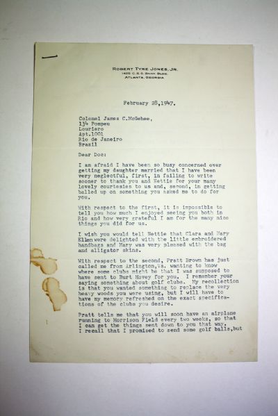 1947 Bobby Jones Signed Letter With Masters Tournament Mention