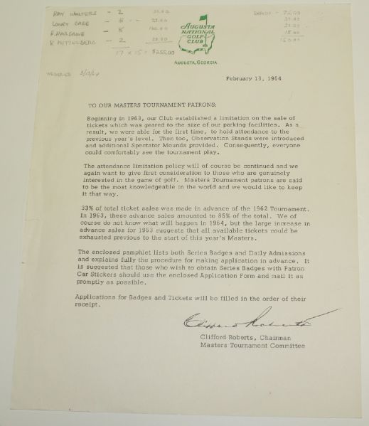 Clifford Roberts letter to patrons cutting off sale of Master tickets.
