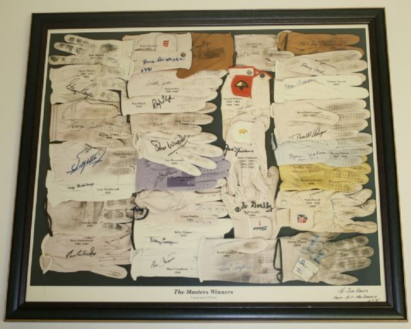Framed Poster Depicting Autographed Golf Gloves of Masters Champs