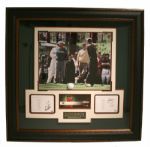 Palmer, Nicklaus, & Woods Framed Shadowboxed Photo w/Autographed Masters Scorecards and Tiger Nike Range Ball