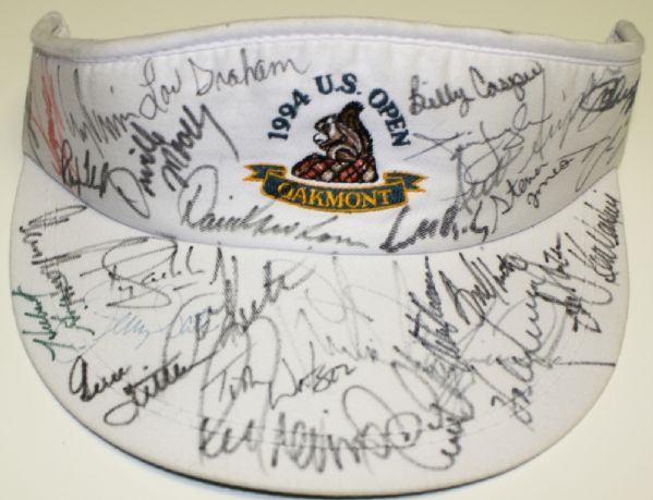 US Open Champions Autographs on 1994 Oakmont US Open Visor-Tiger, Watson