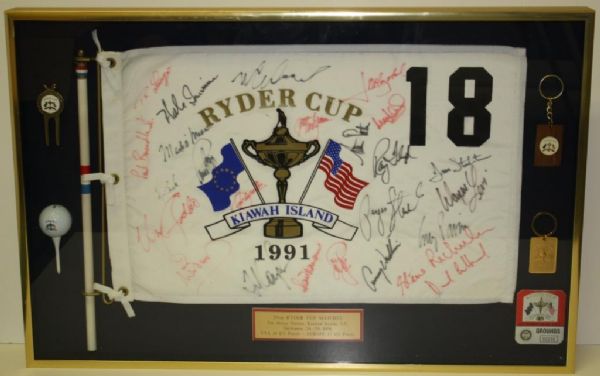 Deluxe Framed 1991 Ryder Cup Flag Signed By Both Teams W/Seve,Payne Stewart