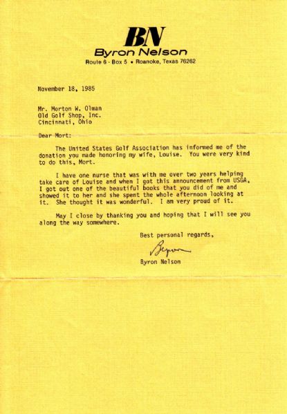 1985 Byron Nelson Signed Letter with Envelope