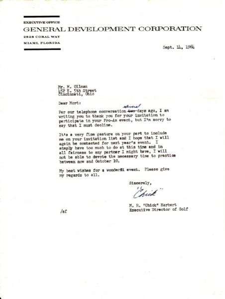M. R. "Chick" Harbert Signed Letter-1954 PGA Champ (D-1992)
