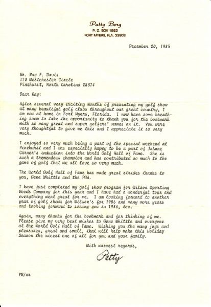 1985 Patty Berg Signed Letter with Envelope-Content JoAnne Carner HOF Induction