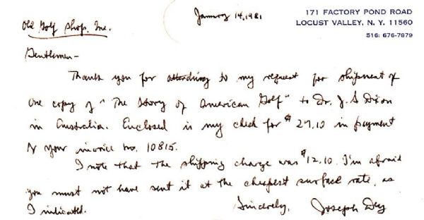 World Golf Hall of Famer Joseph Dey Jr Hand Written Letter with Signature (D-1991)