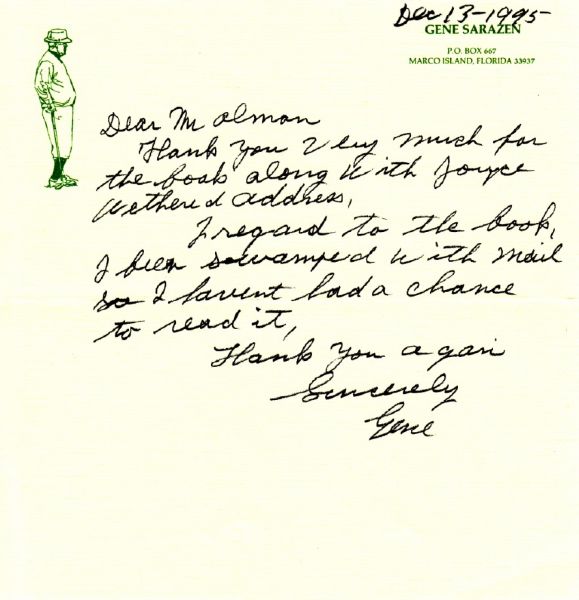 Gene Sarazen Hand Written Letter On "Squire" Stationery