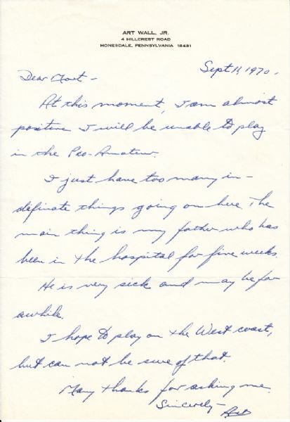 Art Wall (Deceased 1959 Masters Champ) Hand Written Letter with Signature