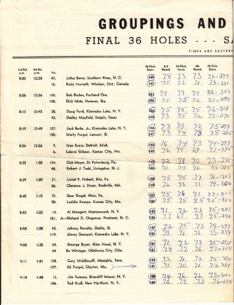 1954 US Open Final Round Pairing Sheet - Scored from Baltusrol G.C.