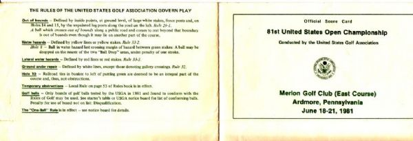 1981 US Open Championship Official Scorecard - Merion Golf Club, Pennsylvania