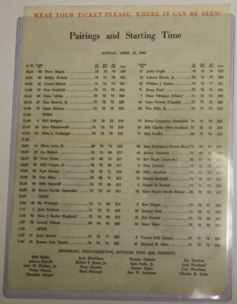1964 Sunday Masters Pairing Sheet - Palmers 4th Green Jacket