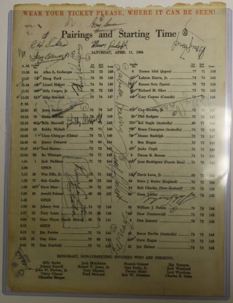 1964 Masters Saturday Pairing Sheet Autographed by 16 Players Including Jimmy Demaret,Kel Nagle