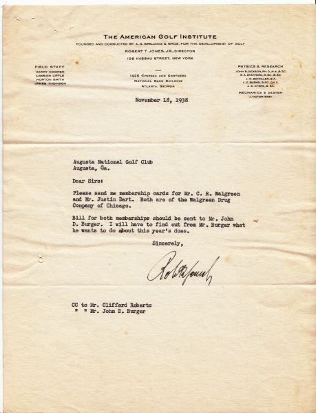 Robert T. Jones 1938 TLS - Content Walgreen Drugs of Chicago Memberhip @ Augusta National