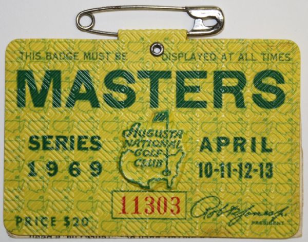 1969 Masters Badge - Great Shape with Bobby Jones Notes Intact on Reverse