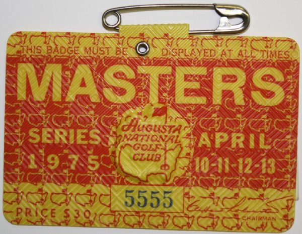 1975 Masters Badge - Nicklaus Wins - Great Shape with Bobby Jones Note On Back