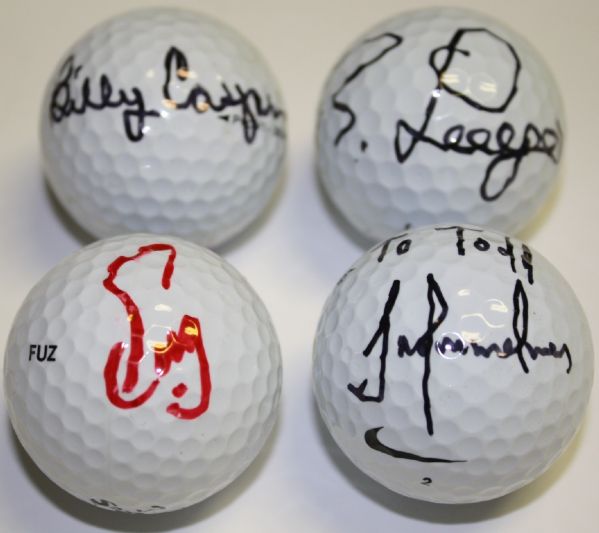 4 Individually Signed Masters Champs Professional Golf Balls: Hall of Famer Billy Casper, Hall of Famer Bernhard Langer, Fuzzy Zoeller Personal Ball, & Trevor Immelman Personal Ball