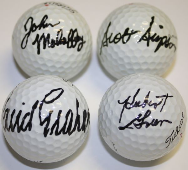4 Individually Signed Major Champions Professional Golf Balls: John Mahaffey, Scott Simpson, David Graham, & Hall of Fame Hubert Green