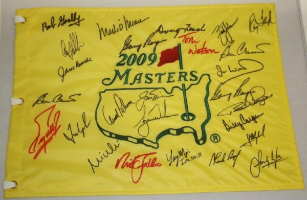 Fuzzy Zoellers Masters Flag Center Signed By Nicklaus, Palmer, Woods W/Watson and Mize (24 Champs) JSA COA