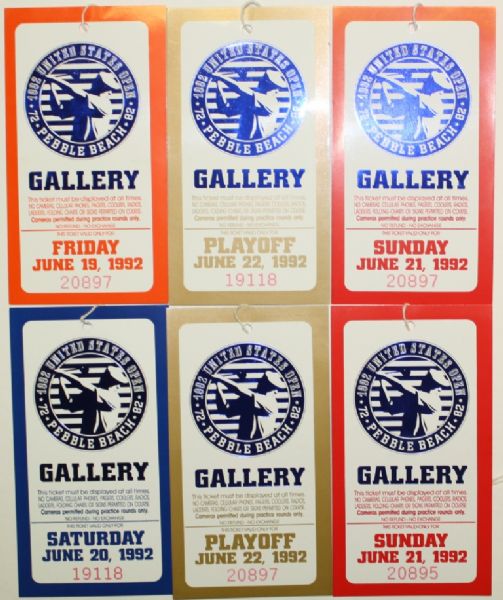 Lot of 6 1992 US Open Miscellaneous Tickets - Pebble Beach - Tom Kite Winner
