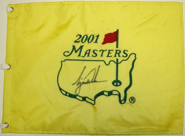 Tiger Woods  Center Signed 2001 Masters  Flag - Slight Bleeding-6th Major