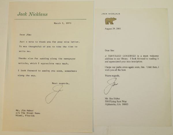 Two Jack Nicklaus Letters (1970 and 2001) and Curtis Strange Letter
