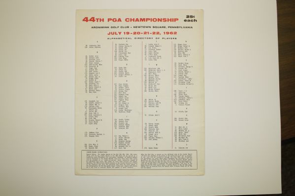 1962 PGA Championship Pairing Sheet - Aronimink GC - Gary Player Winner