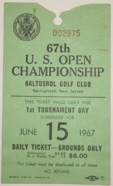 1967 US Open Ticket - Baltusrol - Jack Nicklaus Winner