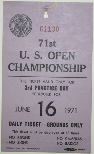 1971 US Open Ticket - Merion GC - Lee Trevino Winner
