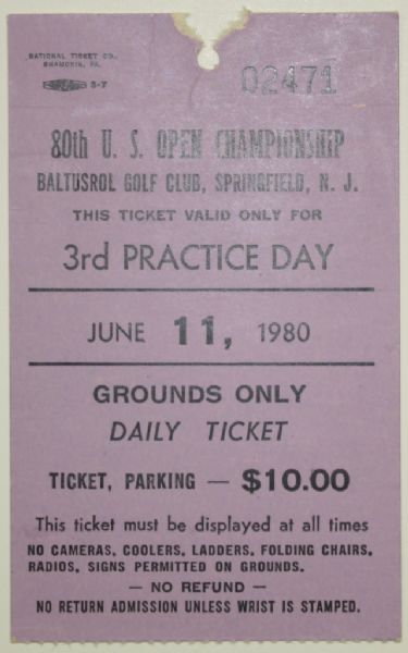 1980 US Open Ticket - Baltusrol GC - Jack Nicklaus Winner