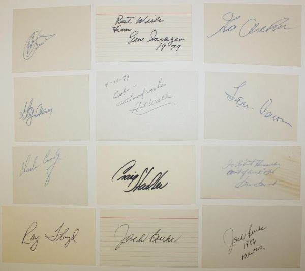 12 Autographs on 3x5 Cards: Crenshaw, Sarazen, Archer, Brewer, Wall, Aaron, Coody, Stadler, Snead, Floyd, Burke (2)
JSA COA