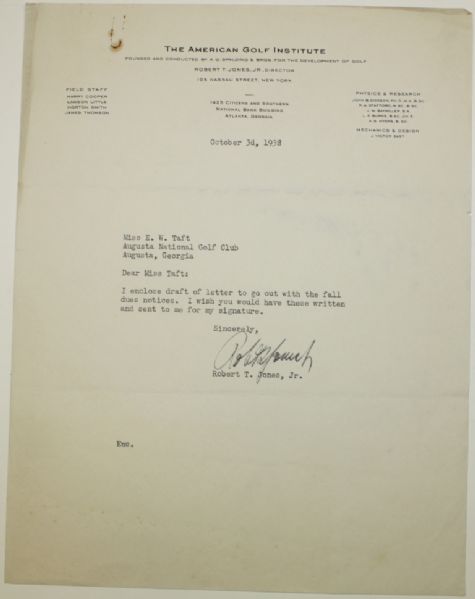 Bobby Jones signed Letter with full signature and Club Content JSA