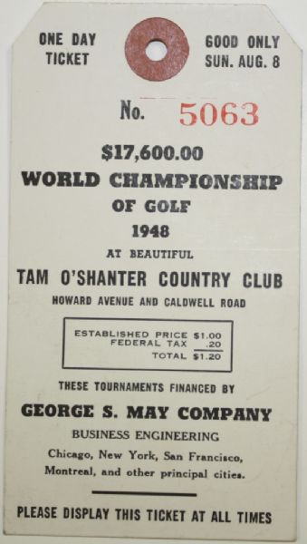 1948 One Day Ticket (Sunday) to All-American Golf Tournament-Tam OShanter CC Niles,Illinois