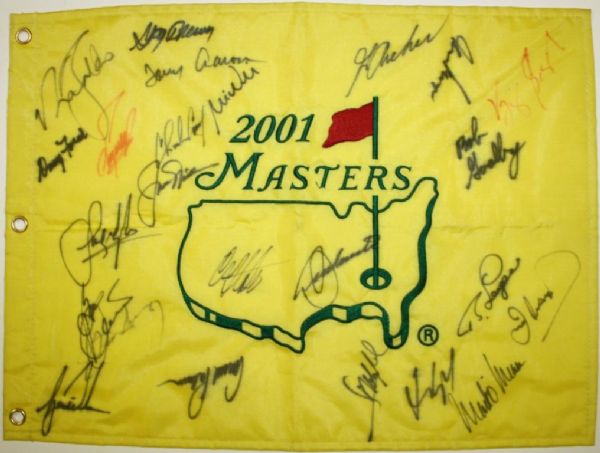 Masters Champs flag signed by 23 Champions: Tiger Jack Arnie JSA!