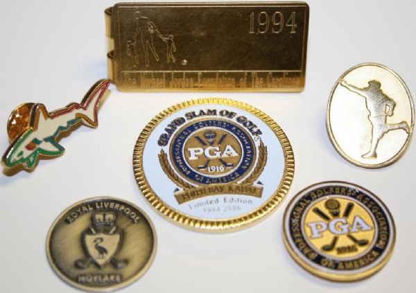Lot of Two Ball Markers, Two Pins, a Coin, and One Money Clip