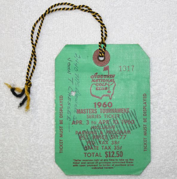 1960 Masters Badge-4 day Series Ticket-Arnold Palmers 2nd Masters Triumph
