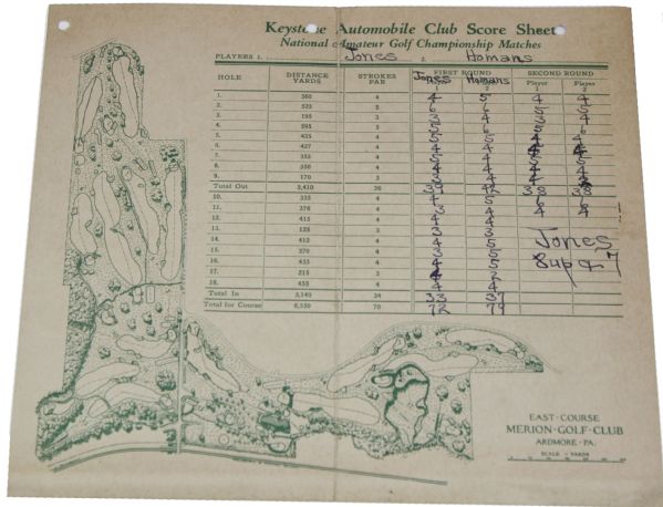 1930 United States Amateur Scorecard-Bobby Jones Captures Grandslam at Merion-With Hole-By-Hole Scores