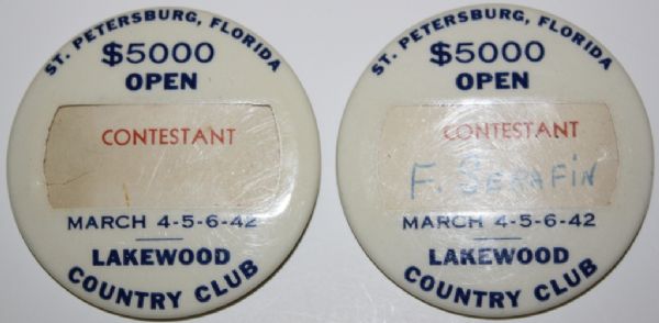 Felix Serafins Contestants Badge from 1942 St. Petersburg Open Second Badge of His Wife Also Included - Sam Snead Champ