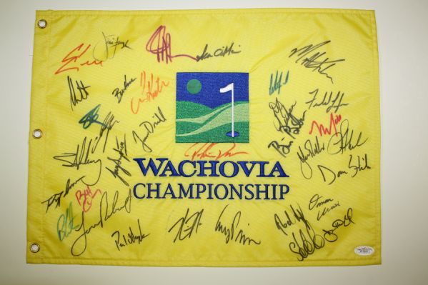 Flag Embroidered Wachovia Championship Flag Signed by 33 Stars including Tom Kite, Jim Furyk, Corey Pavin, and Other PGA Players