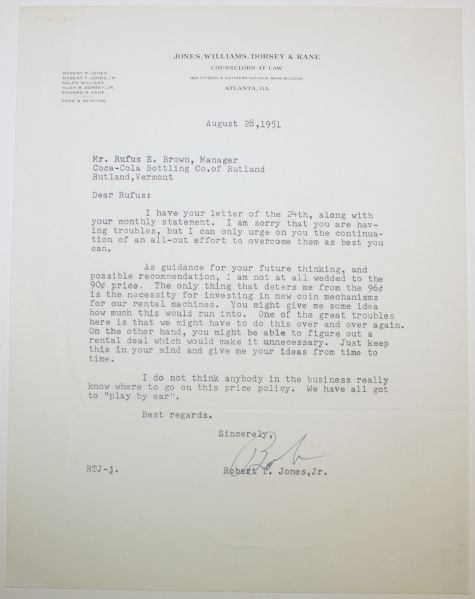 1951 Bobby Jones Signed Letter Great Coca Cola Content
