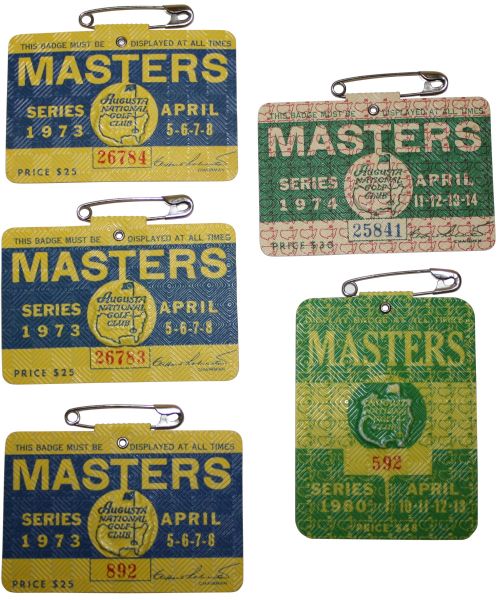 Lot of 5 Masters Badges: 1973(3x), 1974, and 1980 
