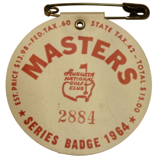 1964 Masters Badge-Arnold Palmers 4th Masters Win