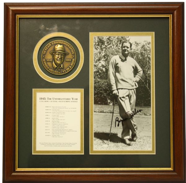 Framed Byron Nelson - Autographed Unforgettable Year with Medal - 1945