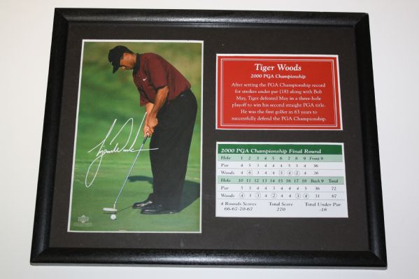 Lot of Four: Framed Upper Deck 'Tiger Woods Slam' Photos with Scorecards plus Two 3x5 Cards